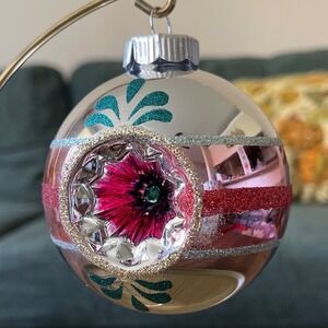 Radko Shiny Brite Glitter Striped Ornament Indent Ball Pink‎ Teal blue Silver XL